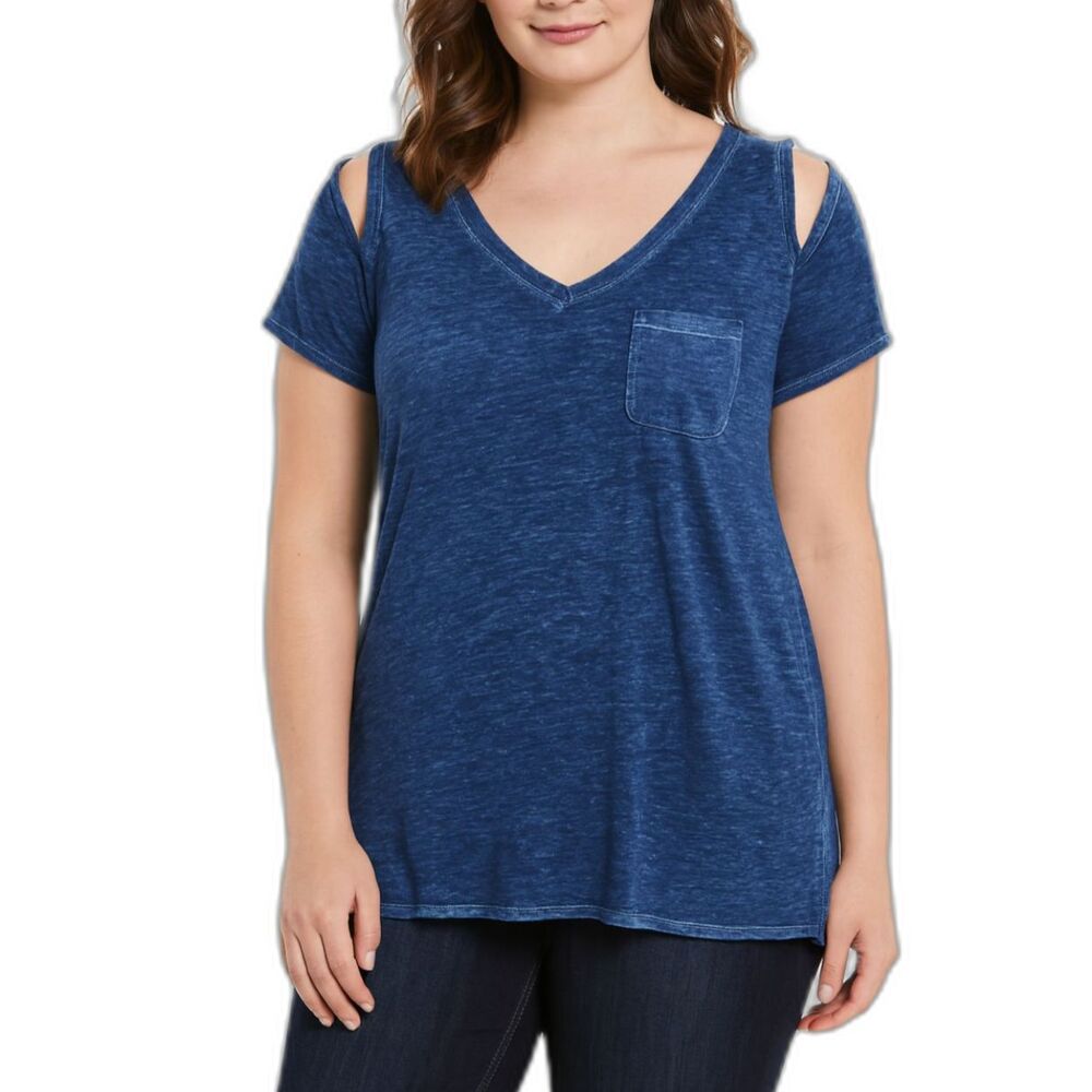 Seven7 Women’s Cold Shoulder Pocket Tee, Blue | Size Large